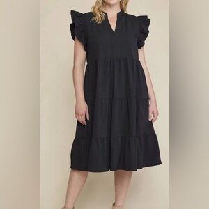 Entro Women’s Flutter Sleeve Black Tiered Midi Dress Size Medium W Pockets